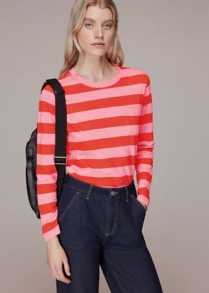 Whistles Stripe Crew Neck Pocket Top Red / Multicolor | US-02486ZERU