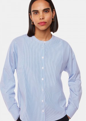 Whistles Stripe Grandad Collar Shirts Blue / White | US-89376WRDN