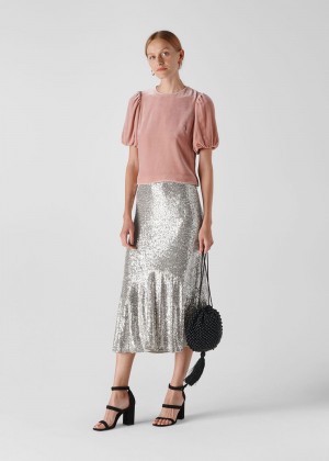 Whistles Suki Sequin Skirts Silver | US-75063CYAW