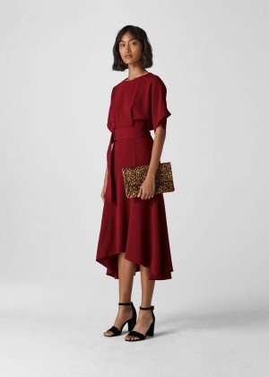 Whistles Textured Belted Midi Dress Burgundy | US-95178BCWY