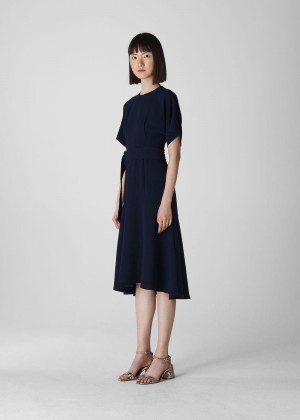 Whistles Textured Belted Midi Dress Navy | US-26049JHOV