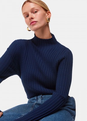 Whistles Textured Detail High Neck Knitwear Navy | US-93058UCXW