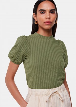 Whistles Textured Puff Sleeve Top Khaki | US-92834TRNV