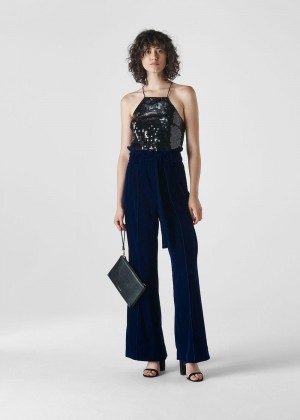 Whistles Tie Waist Velvet Pants Blue | US-17230RMSV