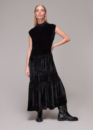 Whistles Tiered Jersey Velvet Dress Black | US-72183ADCT