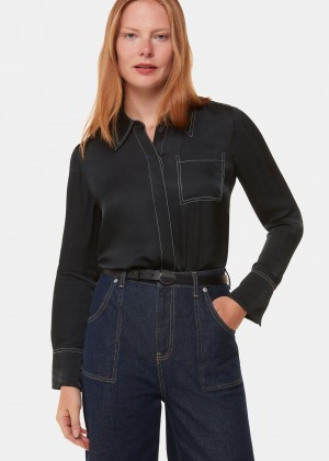 Whistles Top Stitch Detail Shirt Top Black | US-05169KTPG