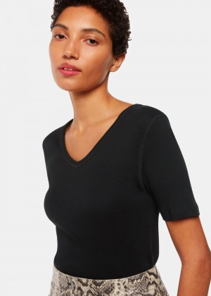 Whistles V Neck Ribbed T-Shirt Black | US-14302SBUA