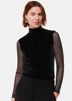 Whistles Velvet Mesh Sleeve Top Black | US-09438KQNM