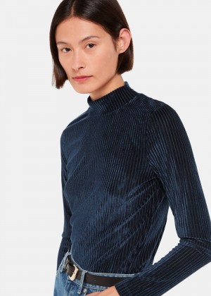 Whistles Velvet Stripe High Neck Top Navy | US-89623RUGD