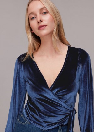 Whistles Velvet V Neck Wrap Top Navy | US-75068WQTE