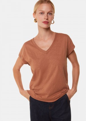 Whistles Willa V Neck Cap Sleeve T-Shirt Brown | US-49285RNZE