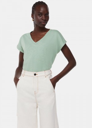 Whistles Willa V Neck Cap Sleeve T-Shirt Green | US-15298FKNE