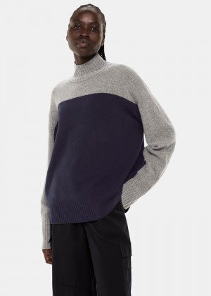 Whistles Wool Colour Block Funnel Neck Knitwear Navy / Multicolor | US-01985XKDL