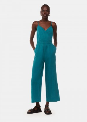 Whistles Wrap Linen Blend Jumpsuit Turquoise | US-01473PGWE