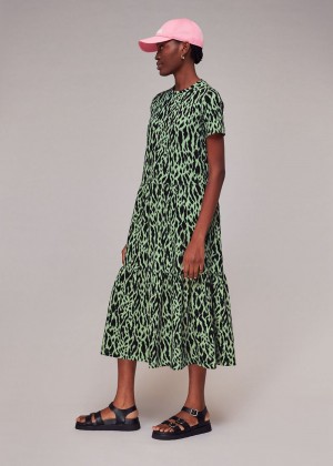 Whistles Zebra Tiered Jersey Dress Green / Multicolor | US-84375ZXUT