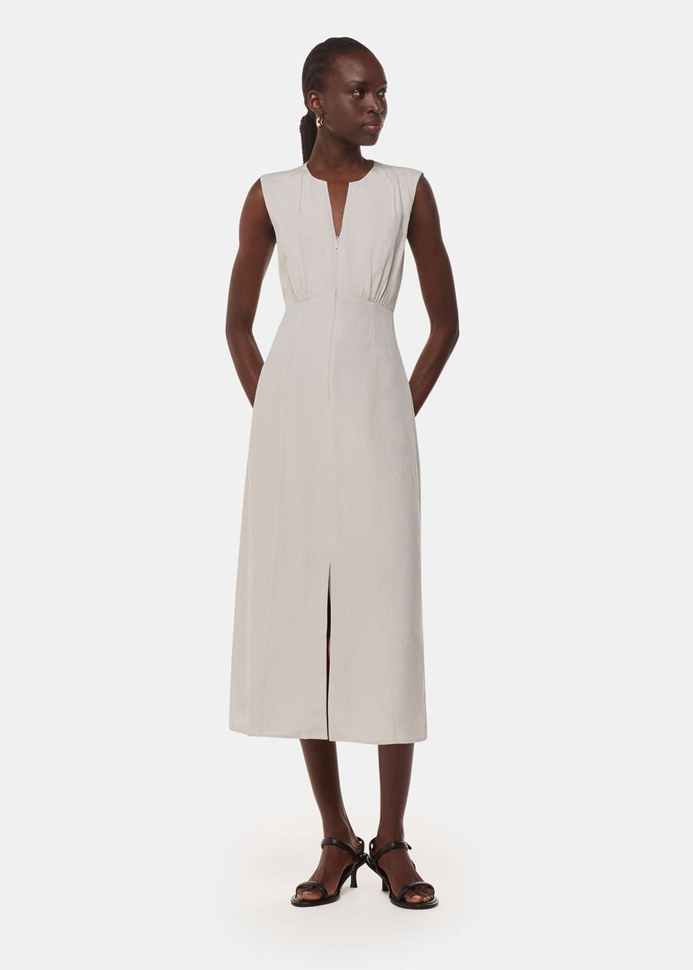 Whistles Abbie Linen Blend Midi Dress Neutral | US-80157USXW