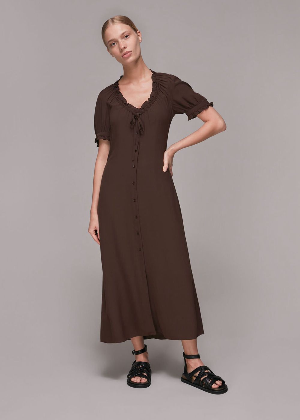 Whistles Ada Ruched Detail Midi Dress Brown | US-25764HGYK