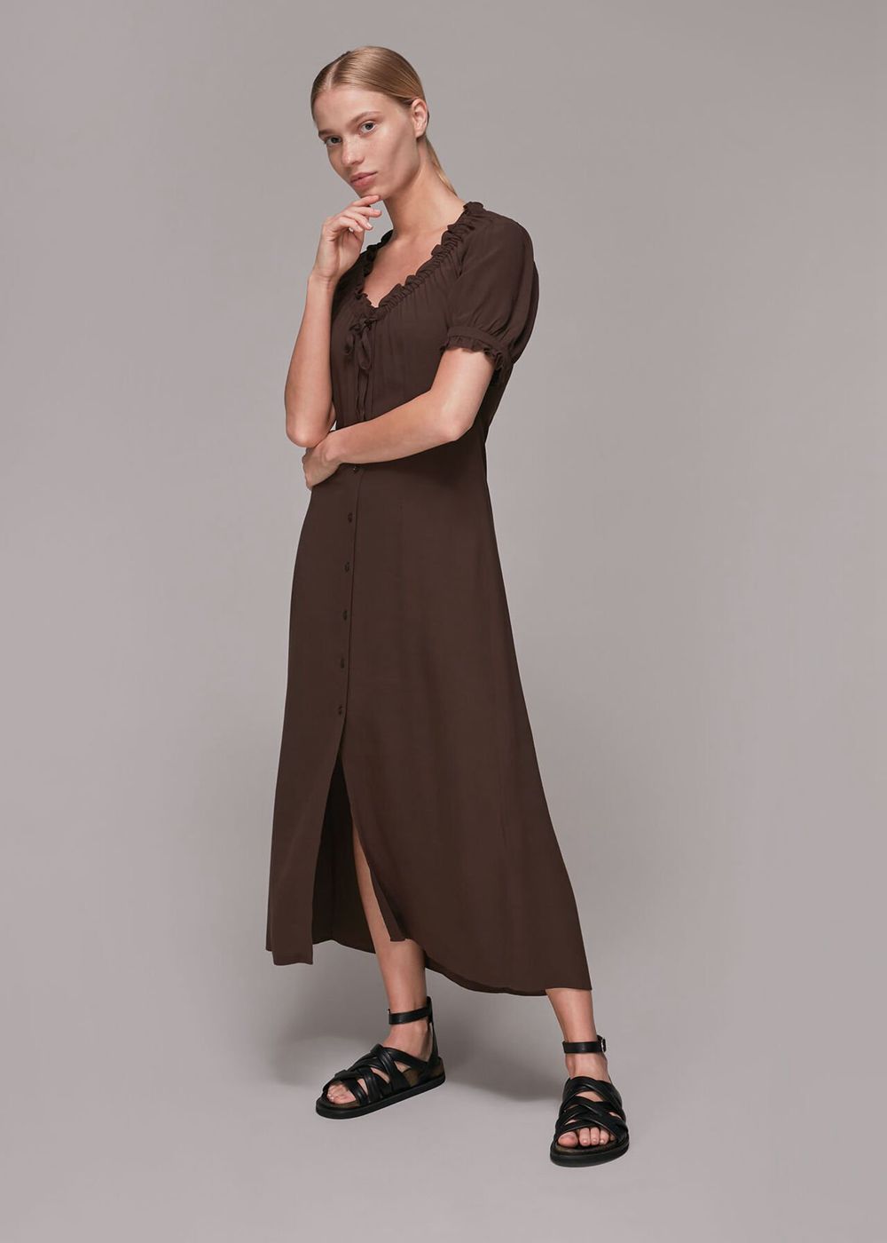 Whistles Ada Ruched Detail Midi Dress Brown | US-25764HGYK