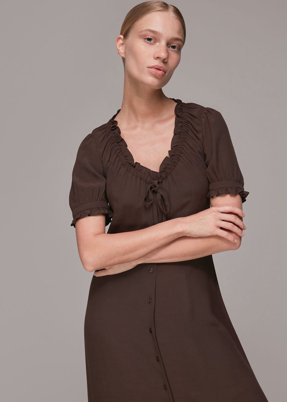 Whistles Ada Ruched Detail Midi Dress Brown | US-25764HGYK