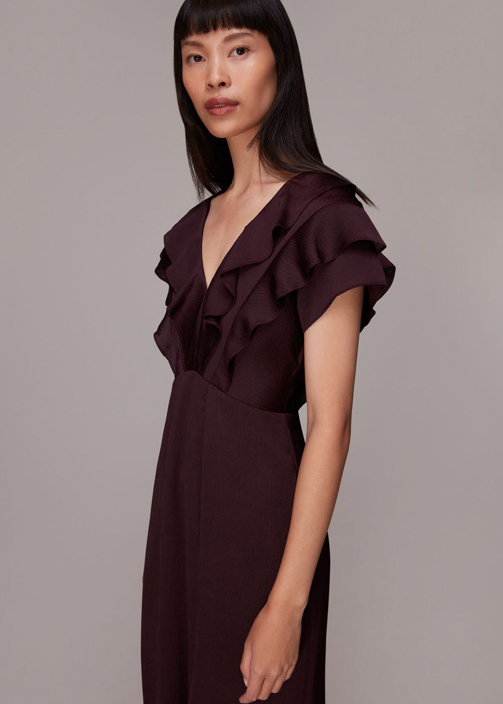 Whistles Adeline Frill Midi Dress Aubergine | US-42197SEIT