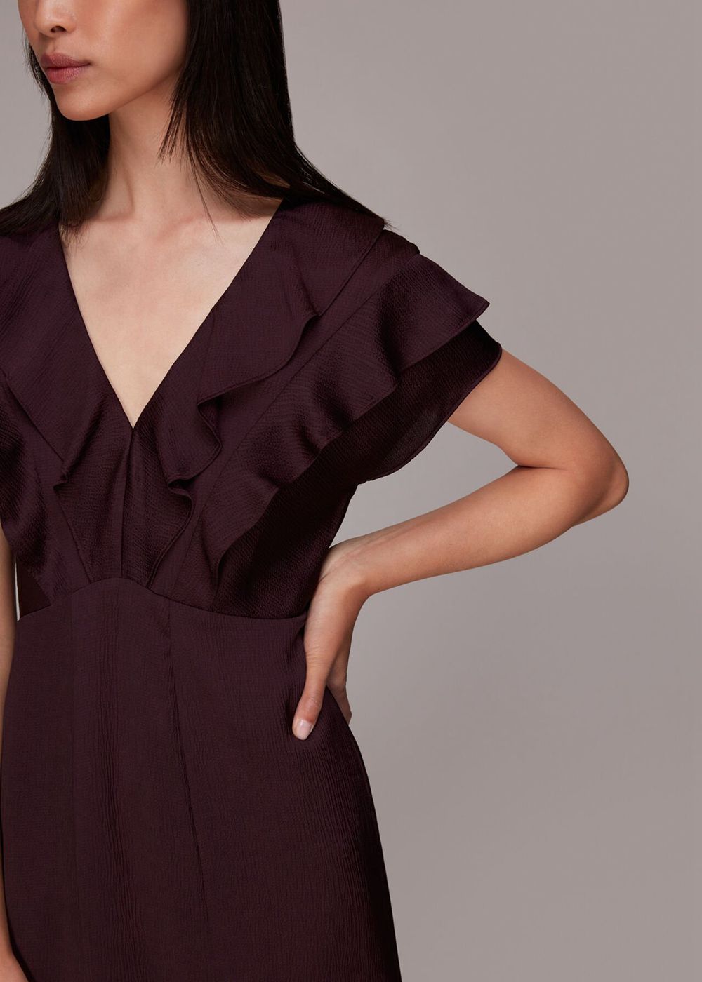 Whistles Adeline Frill Midi Dress Aubergine | US-42197SEIT