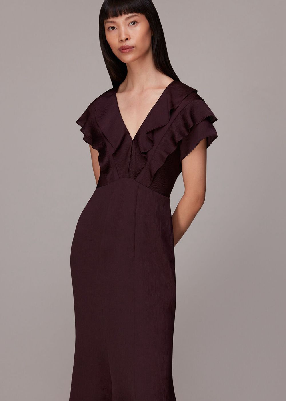 Whistles Adeline Frill Midi Dress Aubergine | US-42197SEIT