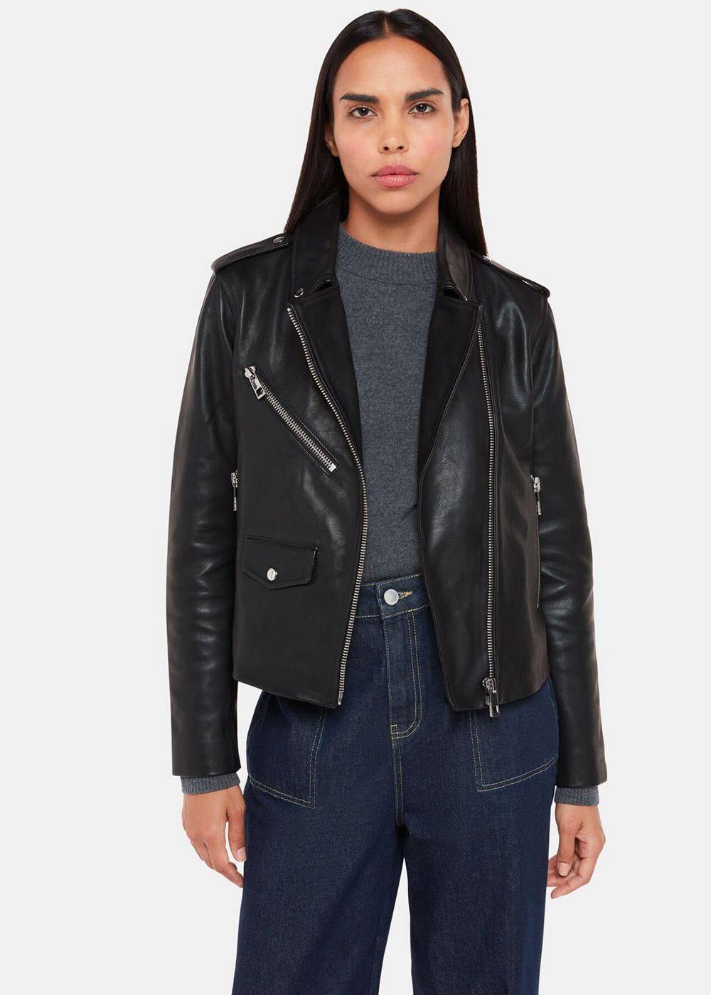 Whistles Agnes Pocket Biker Leather Jacket Black | US-97281QAIF