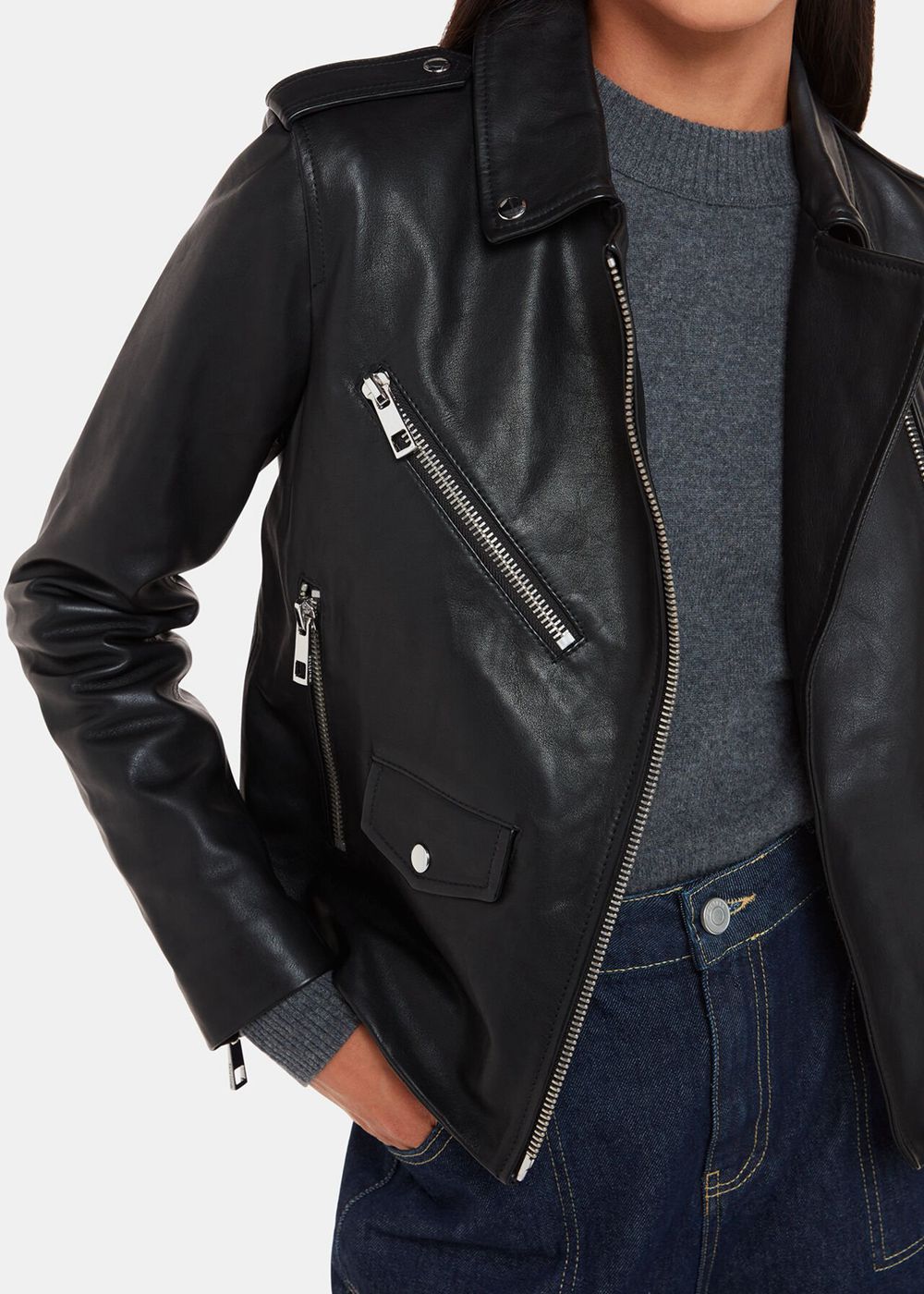 Whistles Agnes Pocket Biker Leather Jacket Black | US-97281QAIF