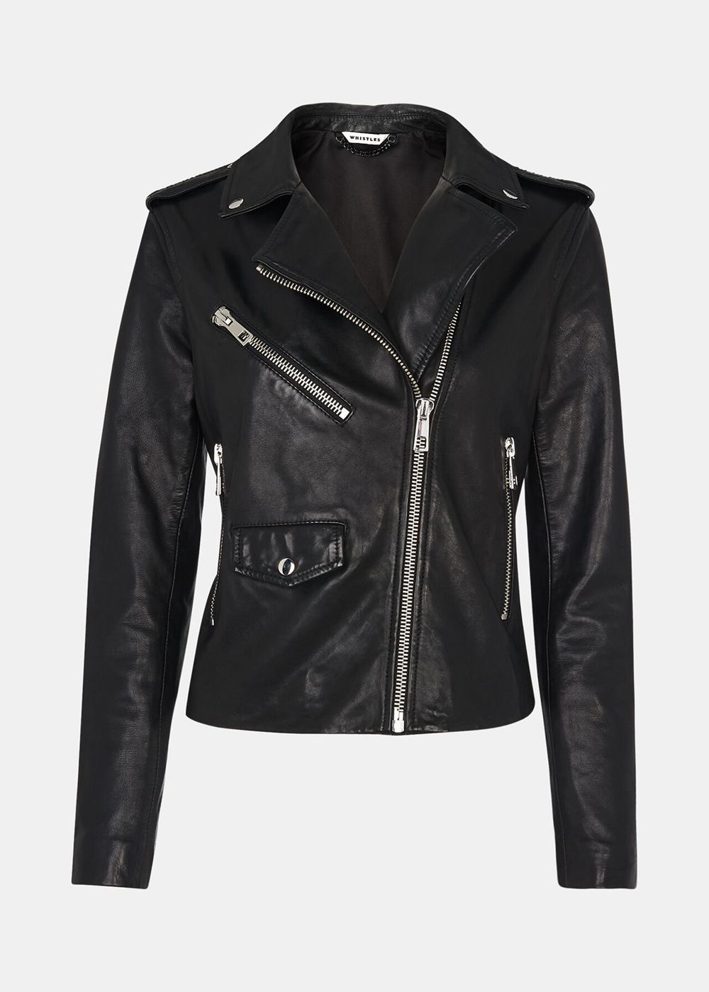 Whistles Agnes Pocket Biker Leather Jacket Black | US-97281QAIF