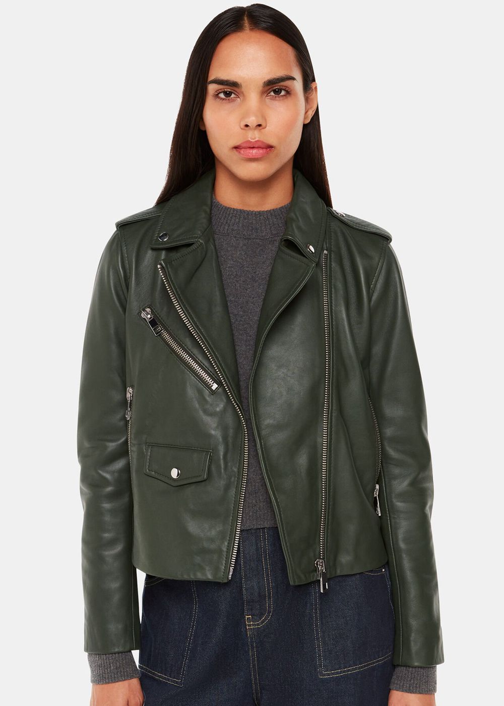 Whistles Agnes Pocket Leather Jacket Dark Green | US-76038EMQX