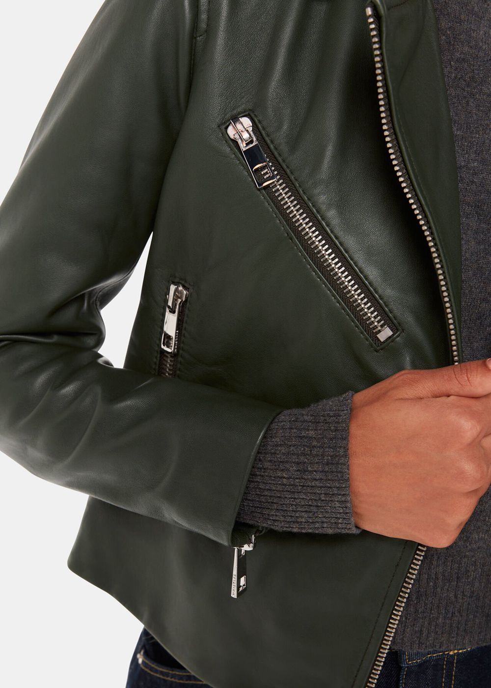 Whistles Agnes Pocket Leather Jacket Dark Green | US-76038EMQX