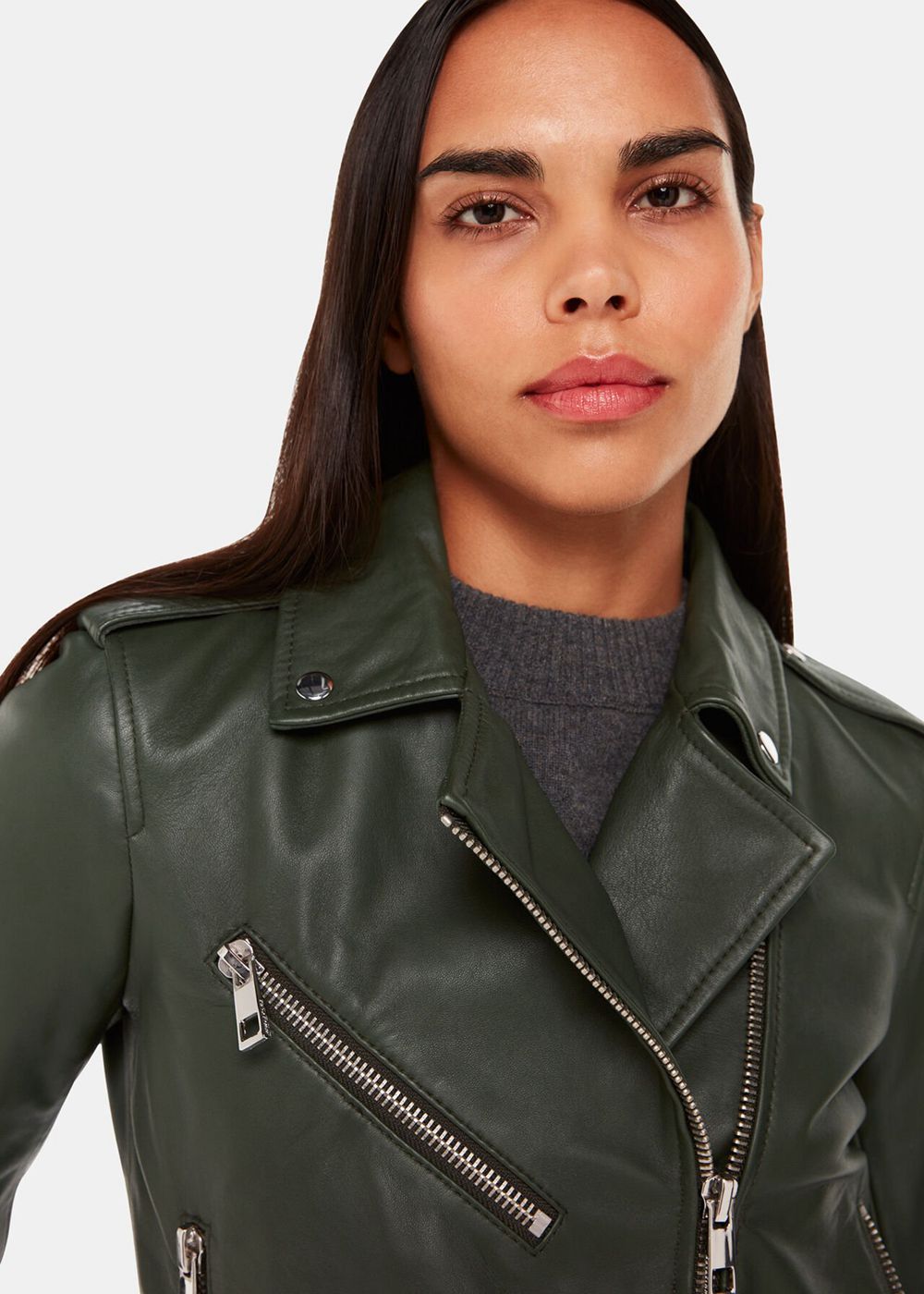 Whistles Agnes Pocket Leather Jacket Dark Green | US-76038EMQX