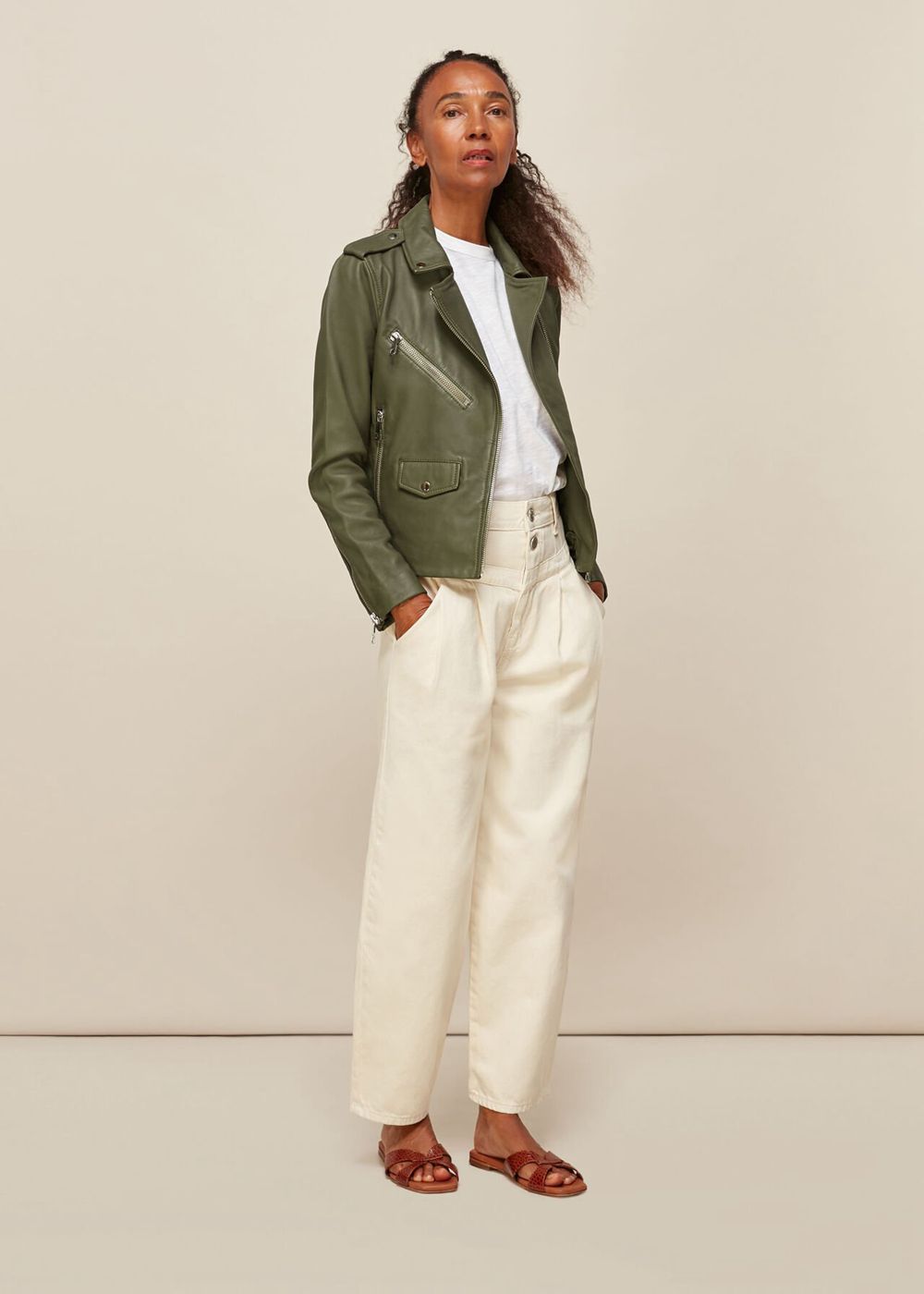 Whistles Agnes Pocket Leather Jacket Khaki | US-54792XUFK