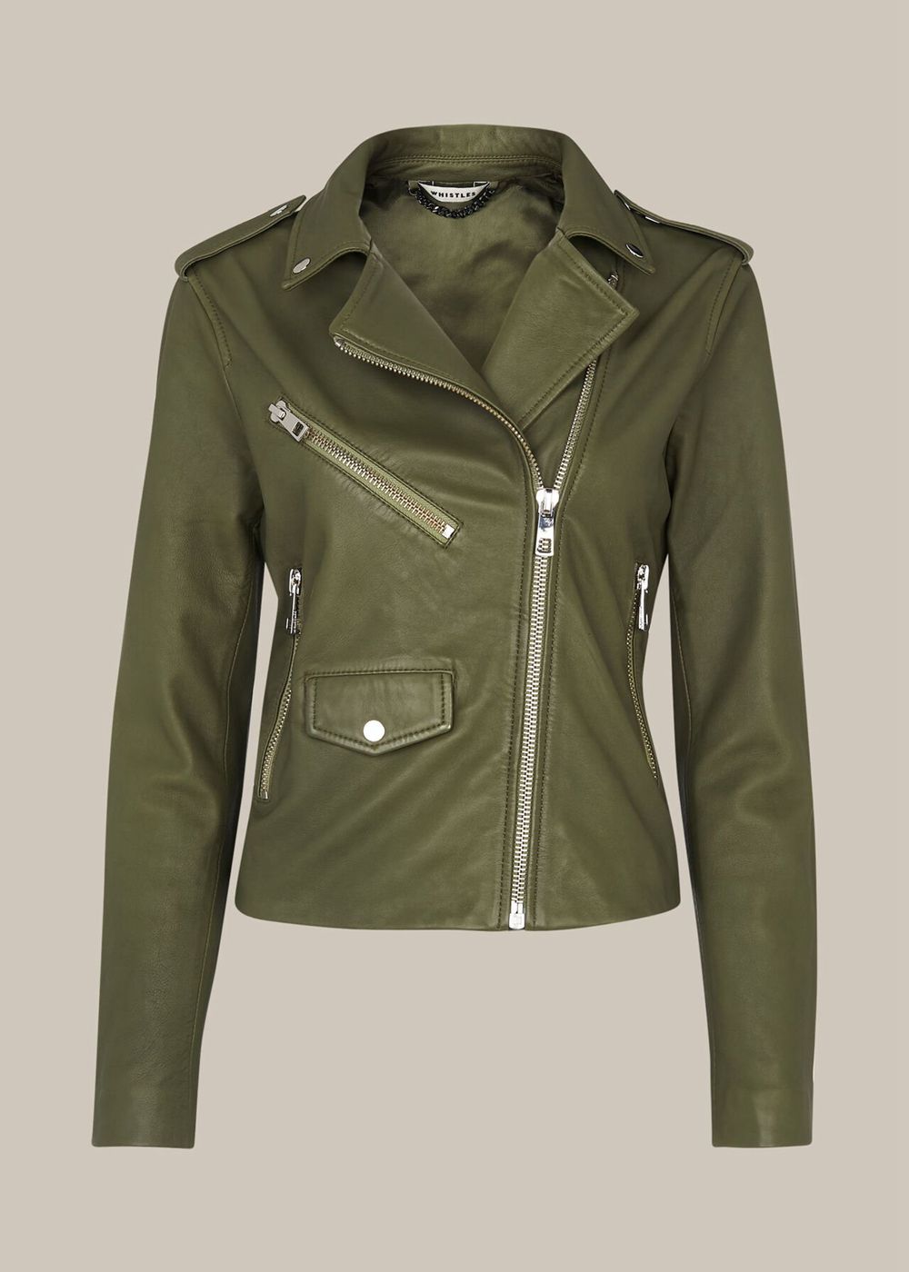 Whistles Agnes Pocket Leather Jacket Khaki | US-54792XUFK