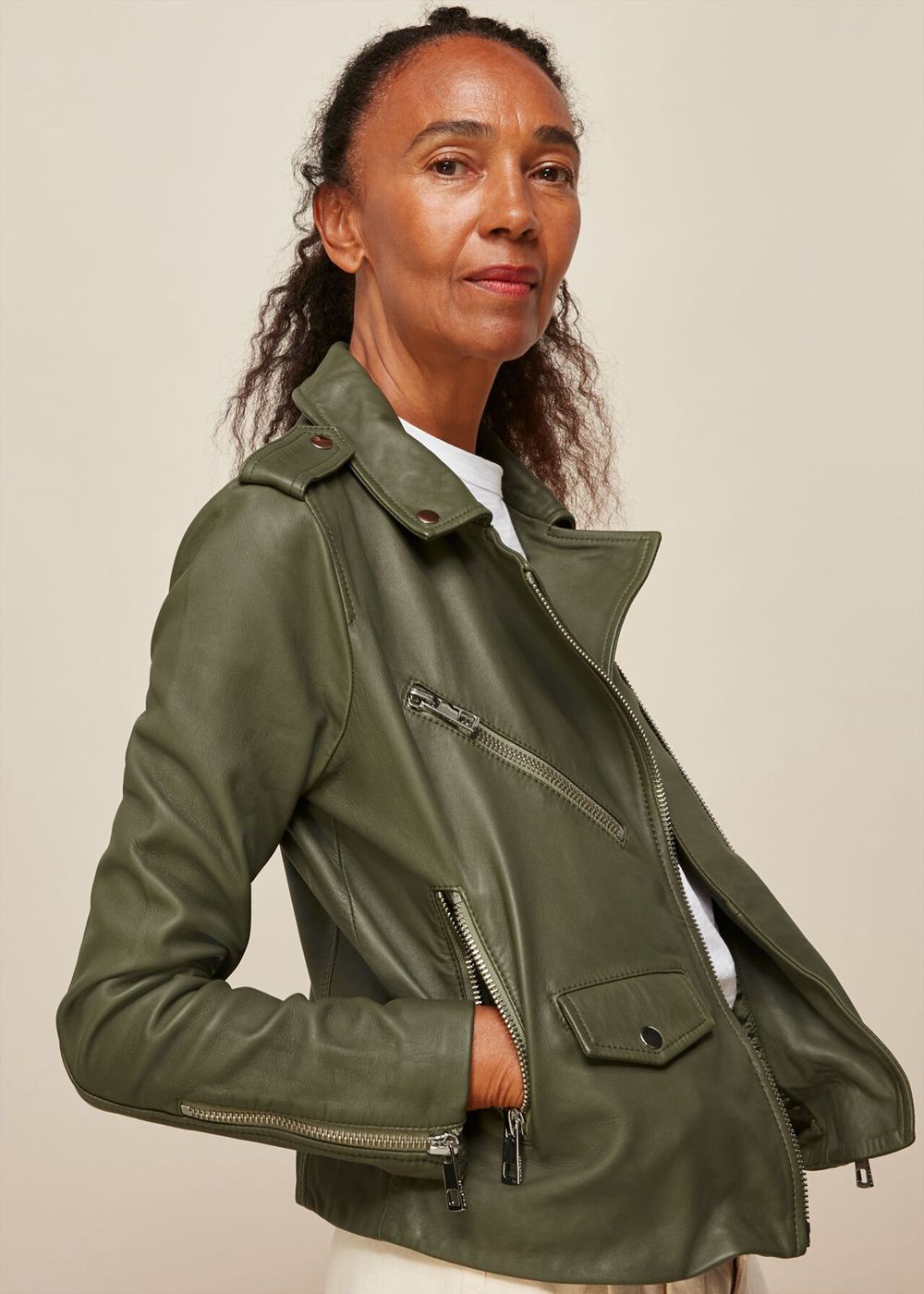 Whistles Agnes Pocket Leather Jacket Khaki | US-54792XUFK