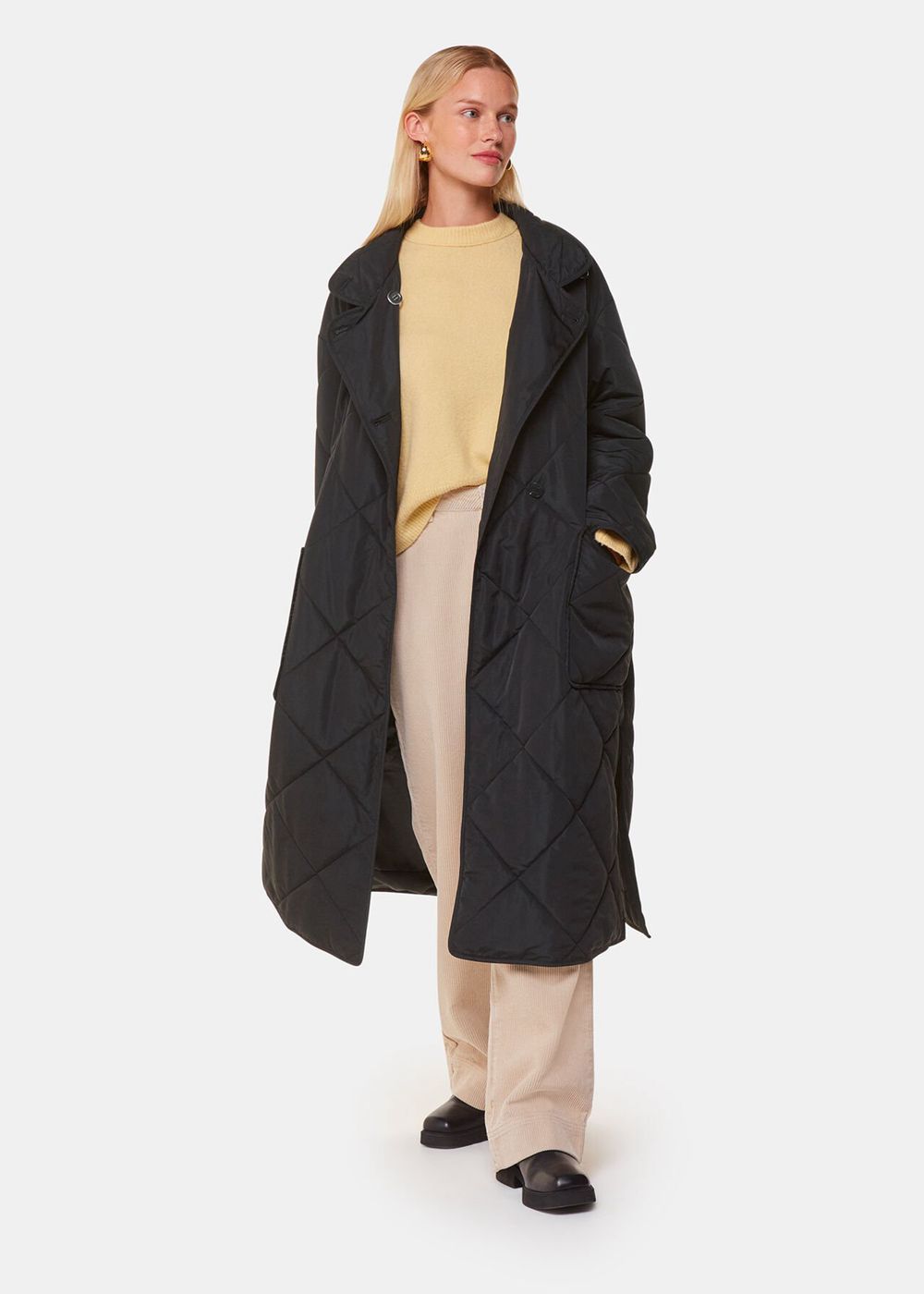 Whistles Alice Longline Quilted Coat Black | US-82374EIOB