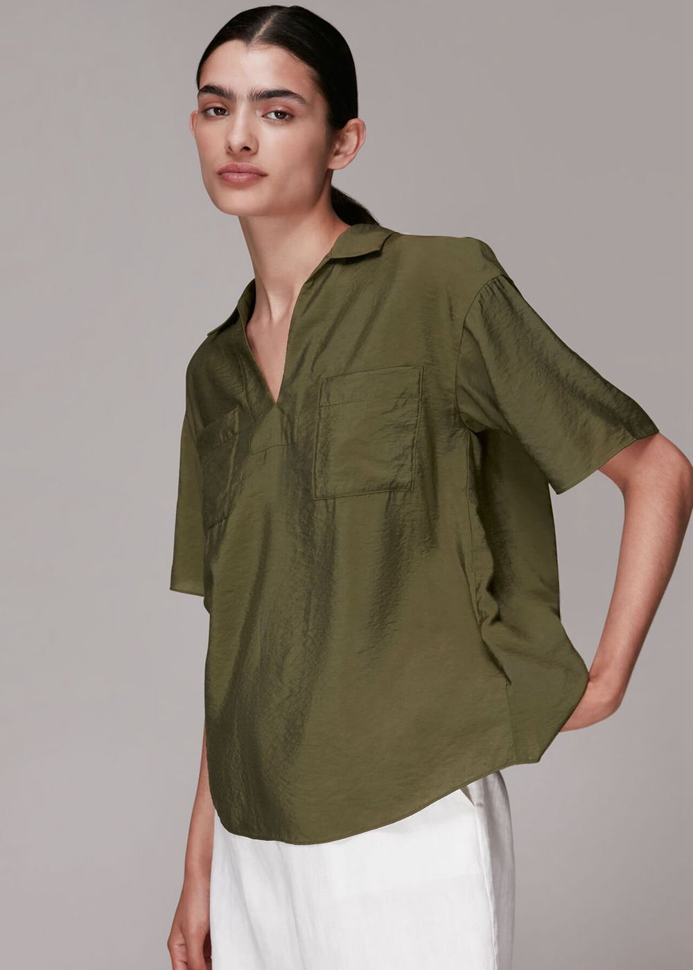 Whistles Alice Pocket Detail Top Khaki | US-68130BEOV