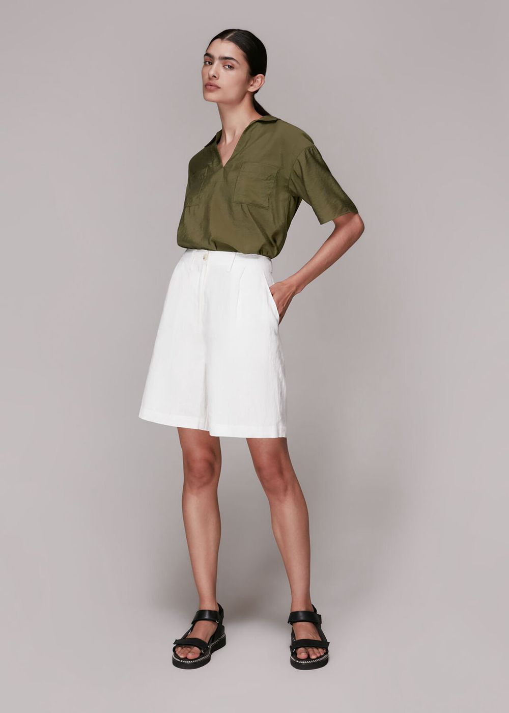 Whistles Alice Pocket Detail Top Khaki | US-68130BEOV