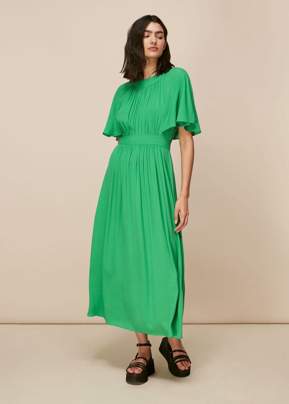 Whistles Amelia Cape Sleeve Dress Green | US-24853DBRI