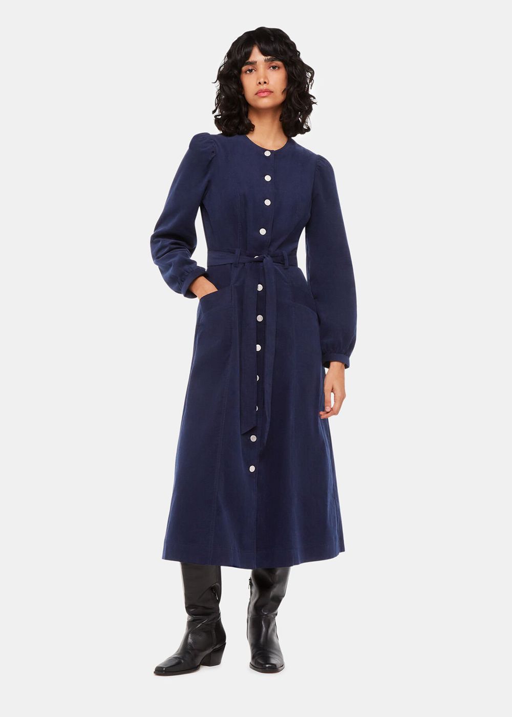 Whistles Angelica Cord Midi Dress Navy | US-94236DHRS