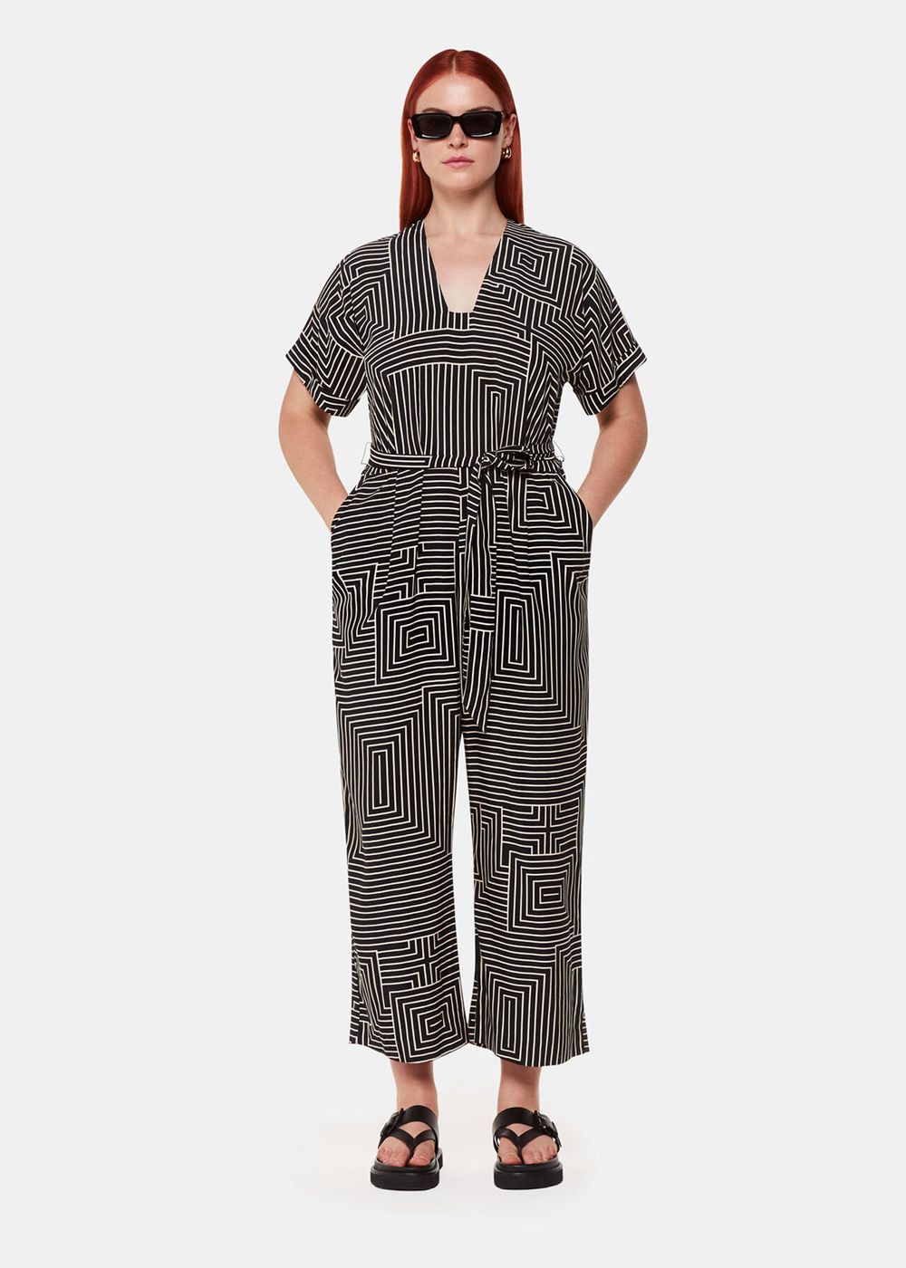 Whistles Angled Stripe Jumpsuit Black / White | US-27896UTLV