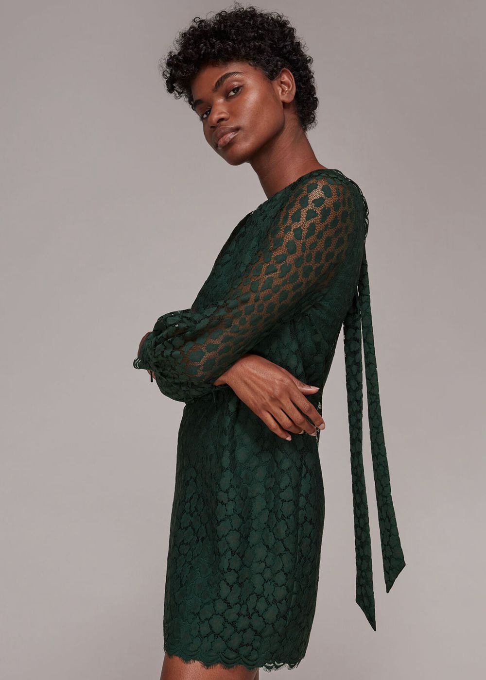 Whistles Animal Lace Tie Detail Dress Dark Green | US-05369DBWR