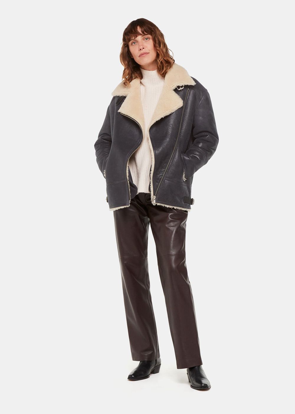 Whistles Annika Aviator Leather Jacket Navy | US-49026GYHR