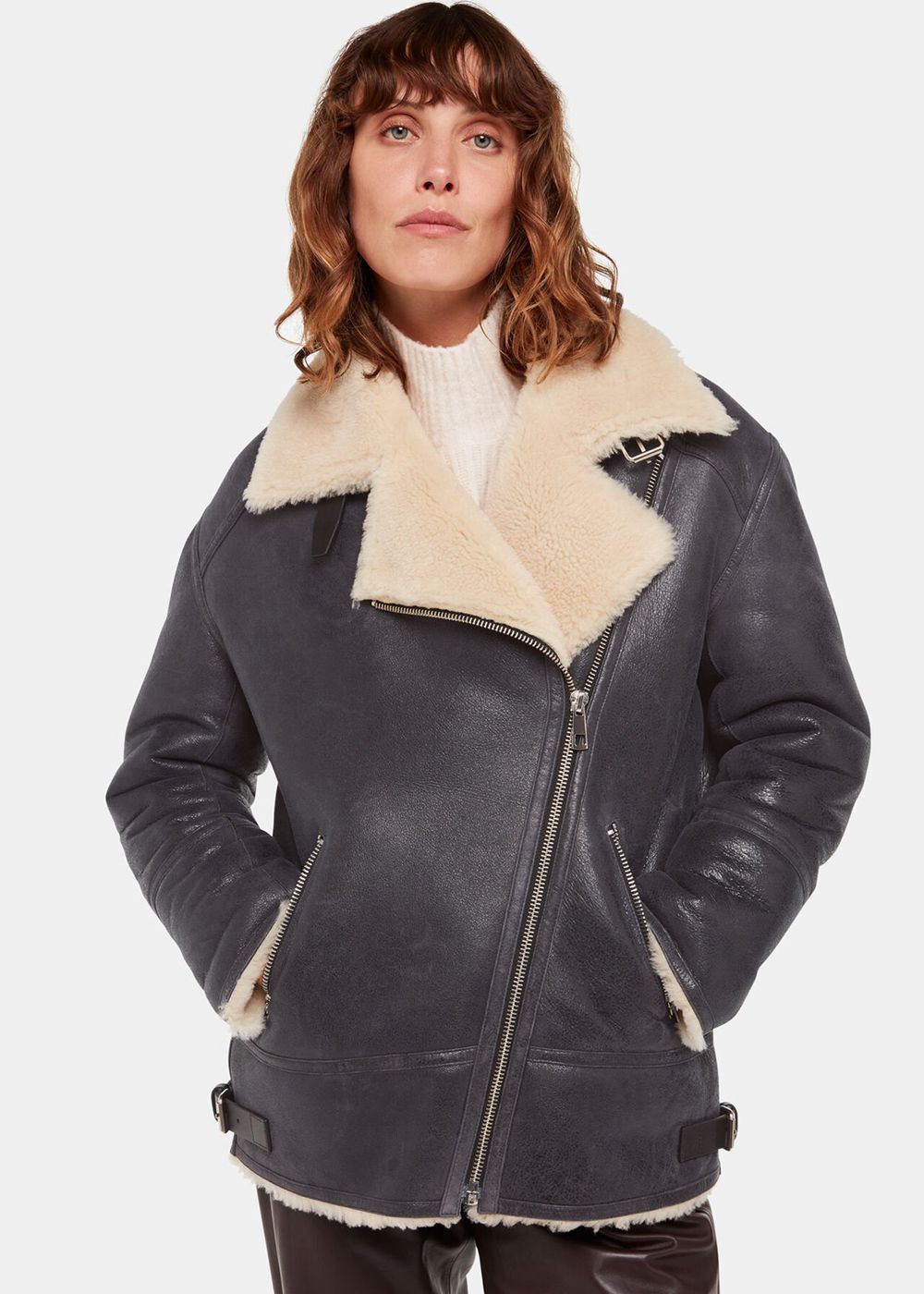 Whistles Annika Aviator Leather Jacket Navy | US-49026GYHR