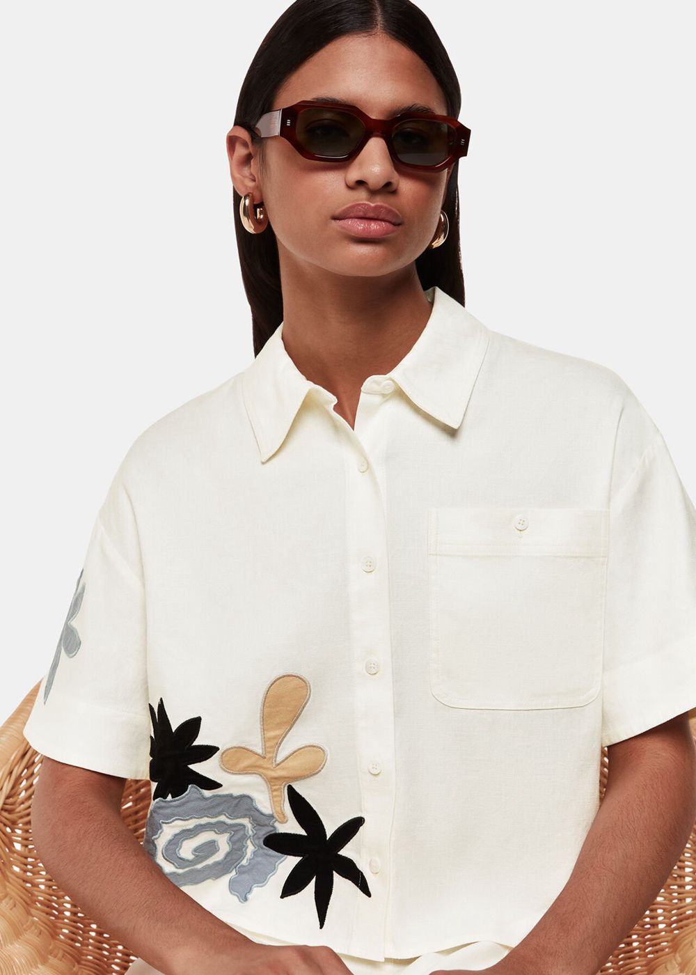 Whistles Applique Linen Blend Shirts White / Multicolor | US-79241MRJQ