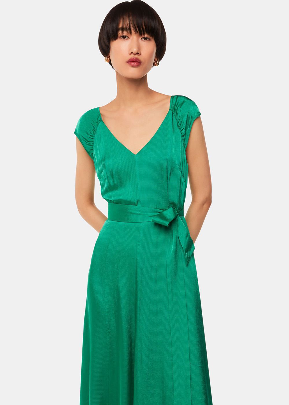 Whistles Arie Hammered Satin Midi Dress Green | US-56048WBJG