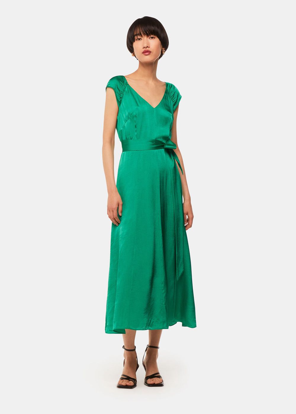 Whistles Arie Hammered Satin Midi Dress Green | US-56048WBJG