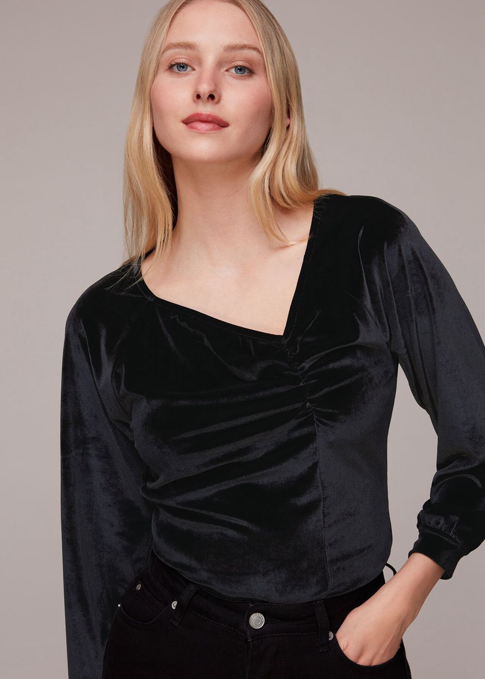 Whistles Asymmetric Neck Velvet Top Black | US-61725SZBJ