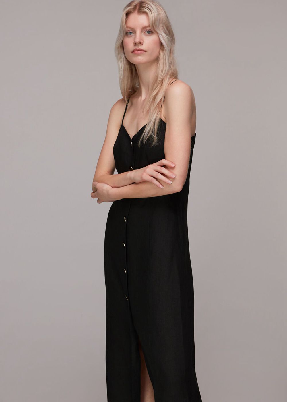 Whistles Ava Button Linen Mix Dress Black | US-15893LRCH