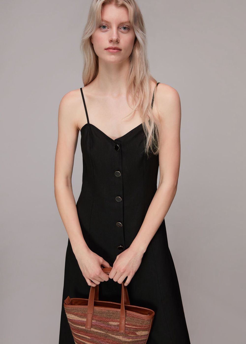 Whistles Ava Button Linen Mix Dress Black | US-15893LRCH